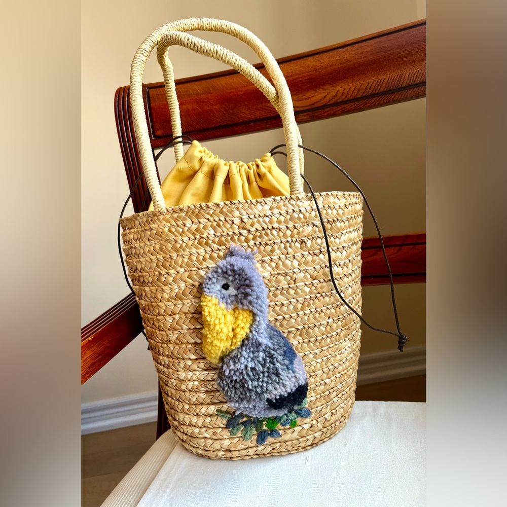 Woven Straw Tote, Hand Embroidered Bird Design, Summer Beach Bag, Market Tote